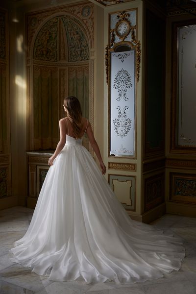 Back image of woman in ballroom wedding venue wearing princess style ballgown wedding dress with beaded bodice and low back