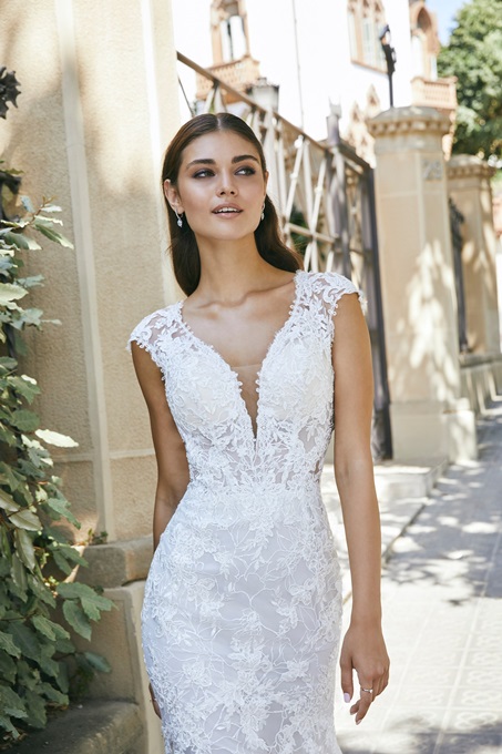 Ronald Joyce 69721 floral lace fishtail wedding dress with v back